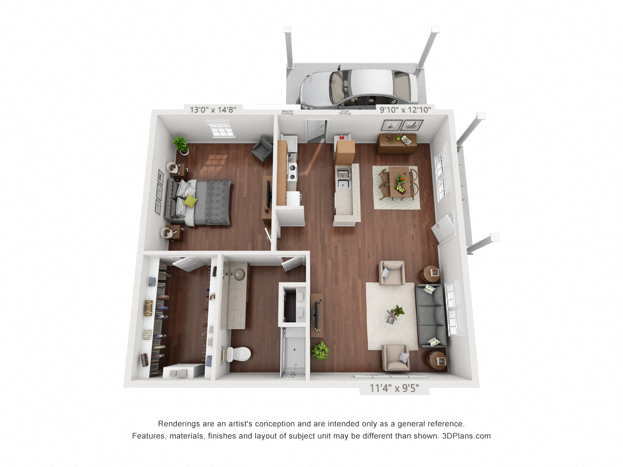 Floor plan for 1 bed, 1 bath, 750 sqft